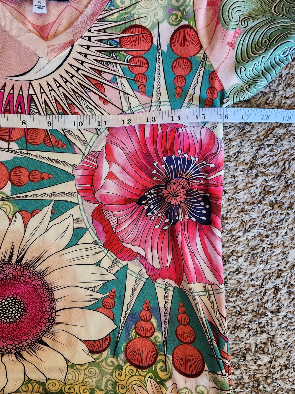 Johnny Was XS Pink & Green Floral V-Neck Short Sleeve Tee - Picture 6 of 7